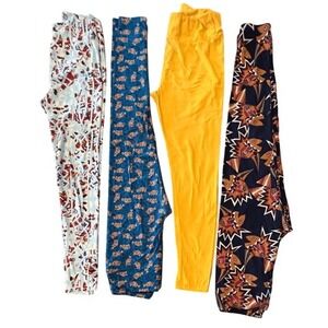 LuLaRoe (4) Lot One Size‎ Leggings Fish Yellow Geometric Fun Colorful Fits 2-10